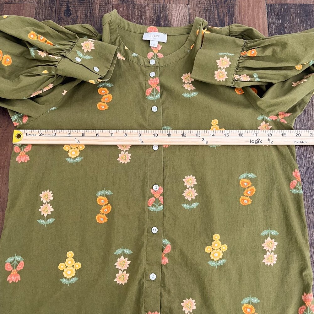 Loft Outlet Floral Button Down Blouse Balloon Sleeve Fall Boho Size Medium Green - Picture 9 of 15